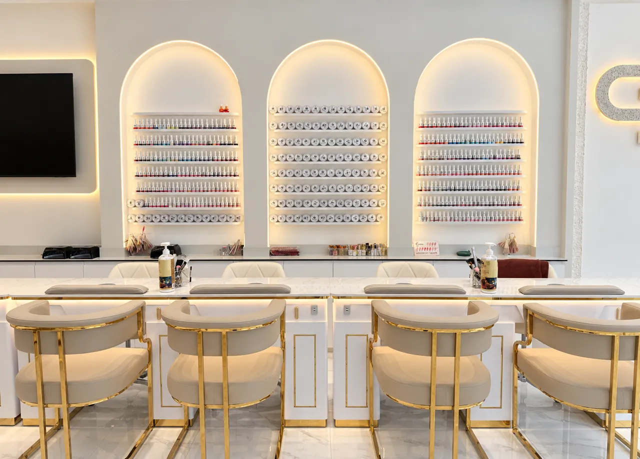 Manicure stations with gold chairs at Chillux Nails, Orpington