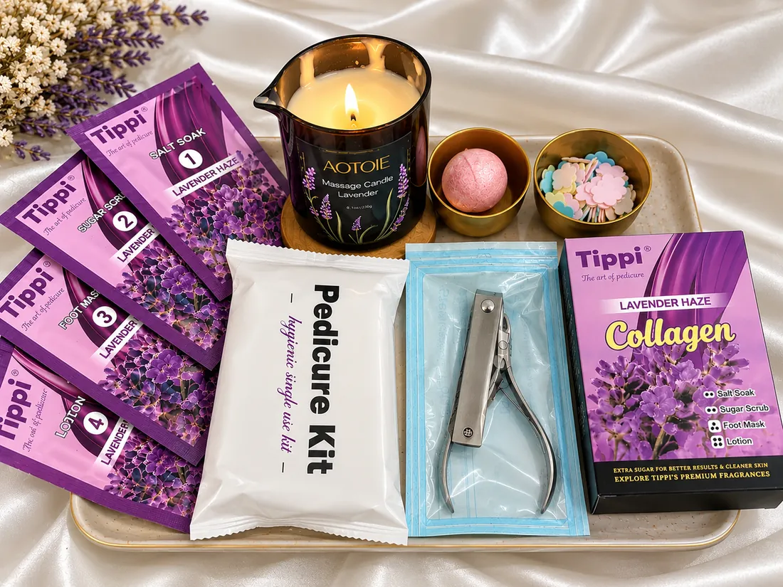 Sealed single-use pedicure kit with collagen soak, scrub, mask, lotion and lavender massage candle at Chillux Nails, Orpington