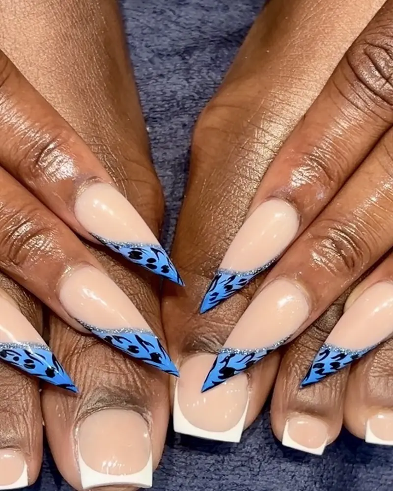 Blue leopard stiletto tips with white French toes at Chillux Nails, Orpington