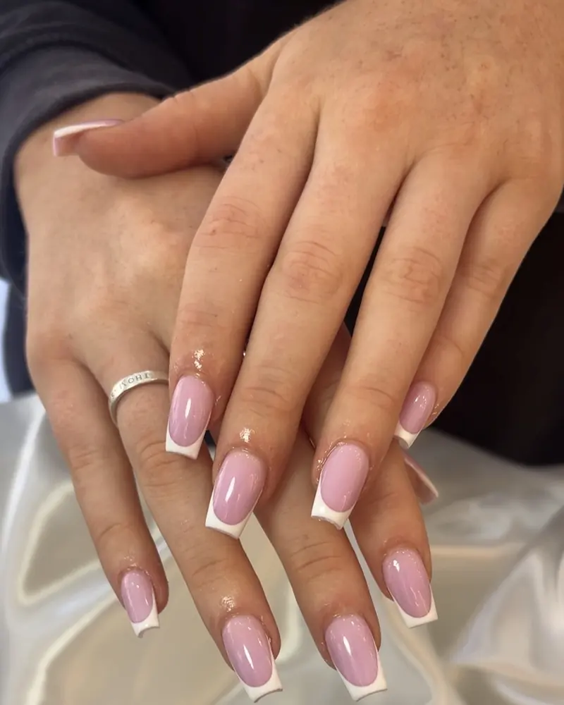Classic white French tips on square nails at Chillux Nails, Orpington