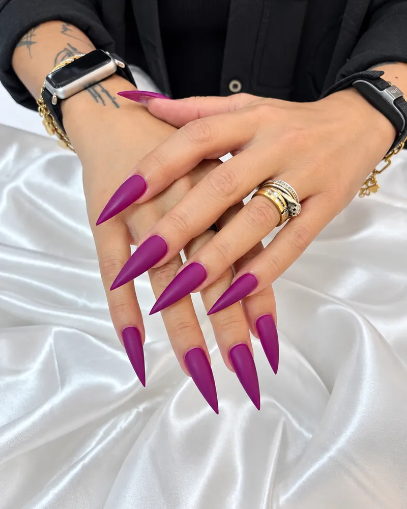 Matte purple stiletto nails at Chillux Nails, Orpington