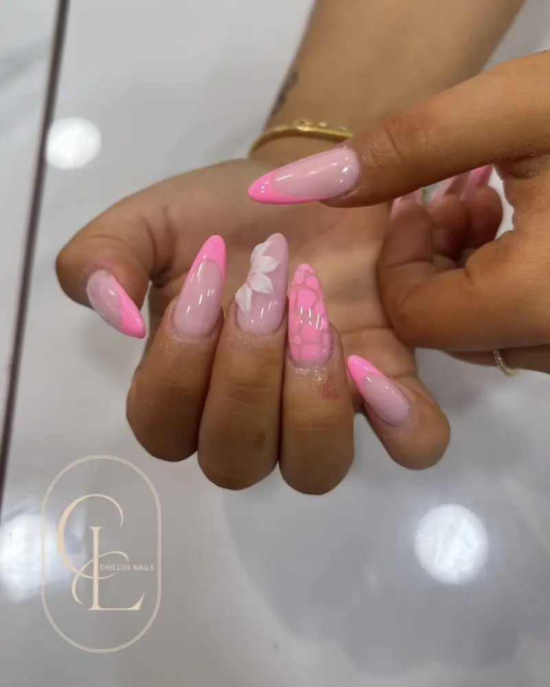 Pink French almond nails with a 3D flower at Chillux Nails, Orpington