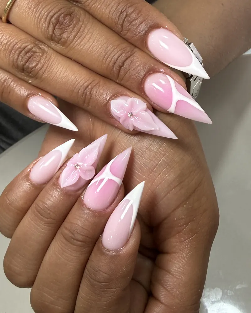 Pink French stiletto nails with a 3D flower at Chillux Nails, Orpington