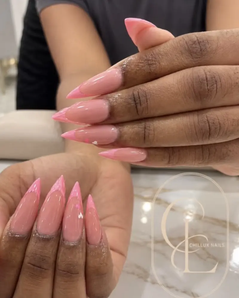 Pink French tip stiletto nails at Chillux Nails, Orpington