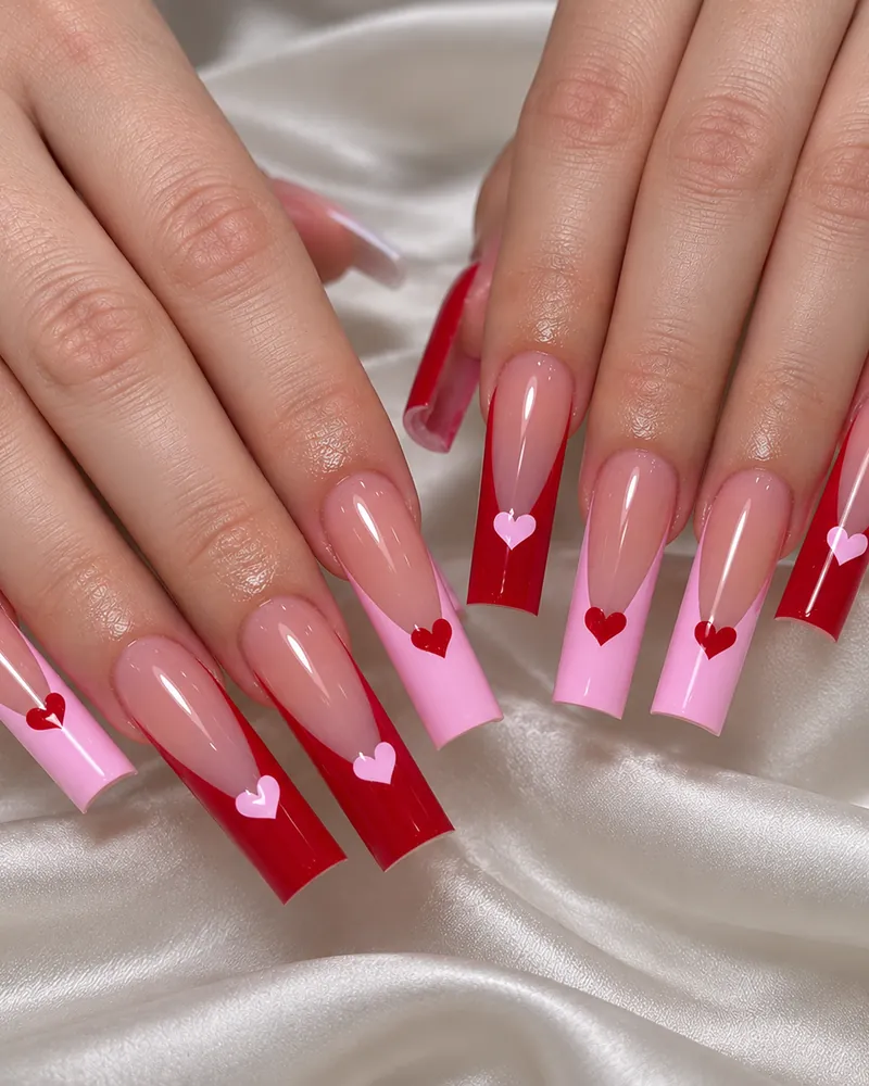 Long square red and pink French tips with hearts at Chillux Nails, Orpington